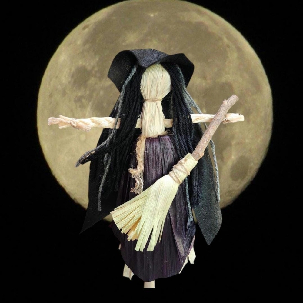 Moon Witch Corn Husk Doll with Moon Charm and Broom